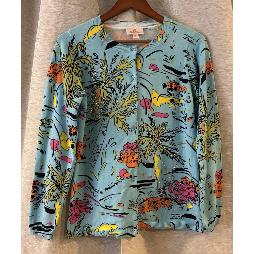 Quacker Factory Blue Tropical Palm Tree Cardigan‎ Size Small Rhinestones